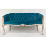 SOFA/WINDOW SEAT, French style lined oak with deep button and studded ocean blue velvet