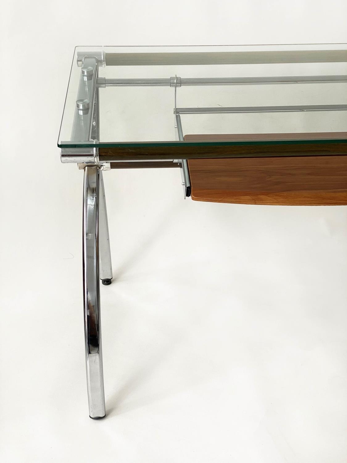 WRITING TABLE DESK, contemporary chromium and frame support with plate glass and pull out teak - Image 8 of 8