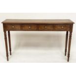HALL TABLE, George III design burr walnut and crossbanded with four short drawers and turned