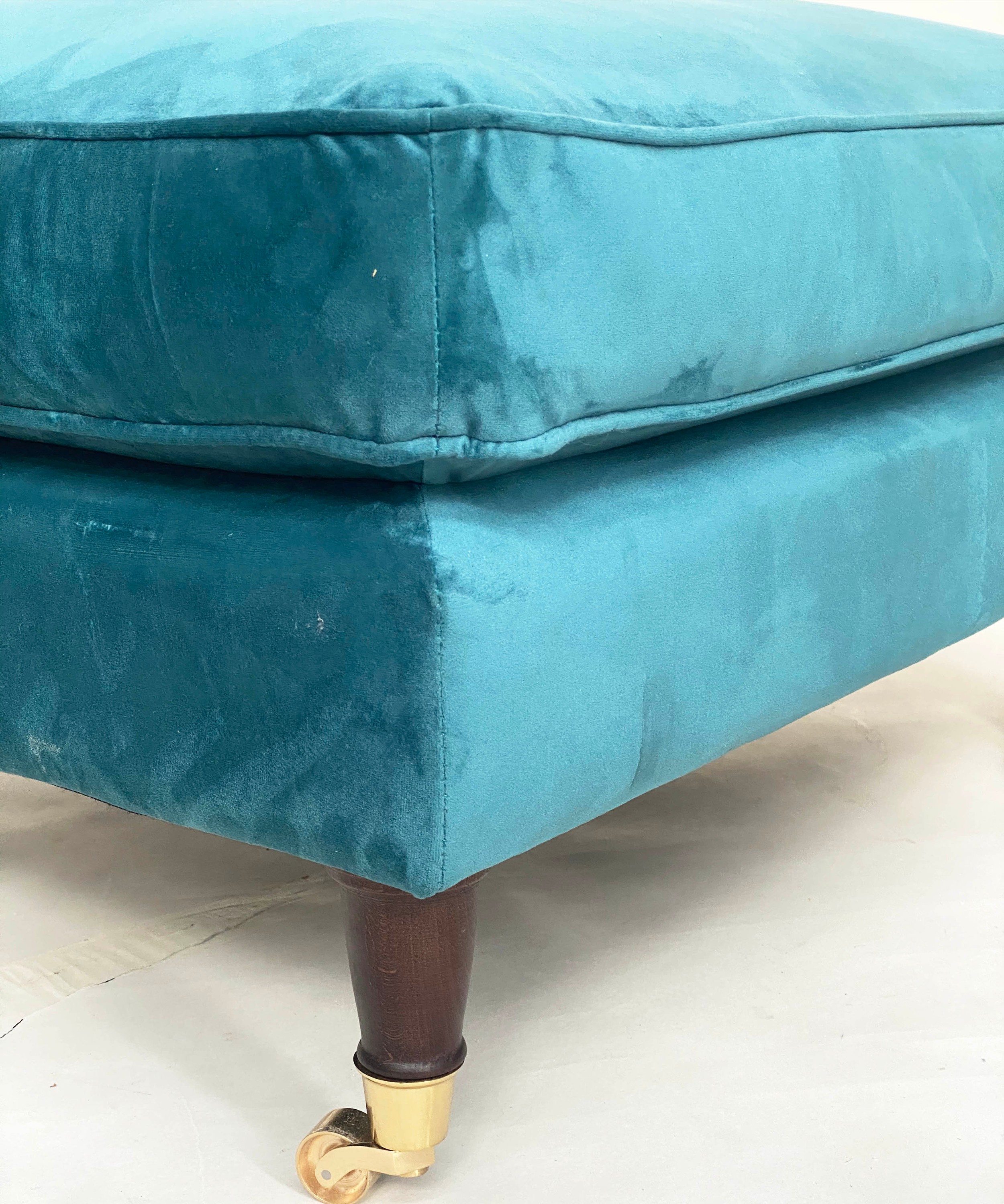 FOOTSTOOL, contemporary ocean blue velvet upholstered, turned supports with gilt metal castors, 76cm - Image 2 of 4