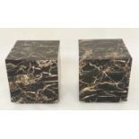 LAMP TABLES, a pair, cube form Italian white striated grey marble, 45cm x 45cm x 45cm. (2)