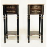 SIDE TABLES, a pair, Regency style bowfronted, black lacquered with harebell and fern decoration,