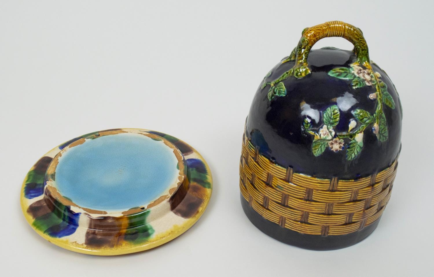 MAJOLICA CHEESE DOME, after George Jones, 30cm H x 26cm W, 'apple blossom pattern', cobalt blue - Image 3 of 8