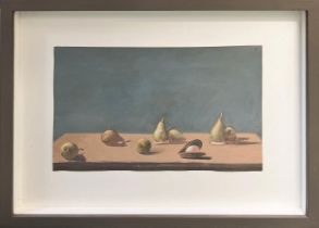 DAVID TINDLE (b.1932), 'Study of pears and egg in shell', gouache on paper, 26cm x 17cm, framed