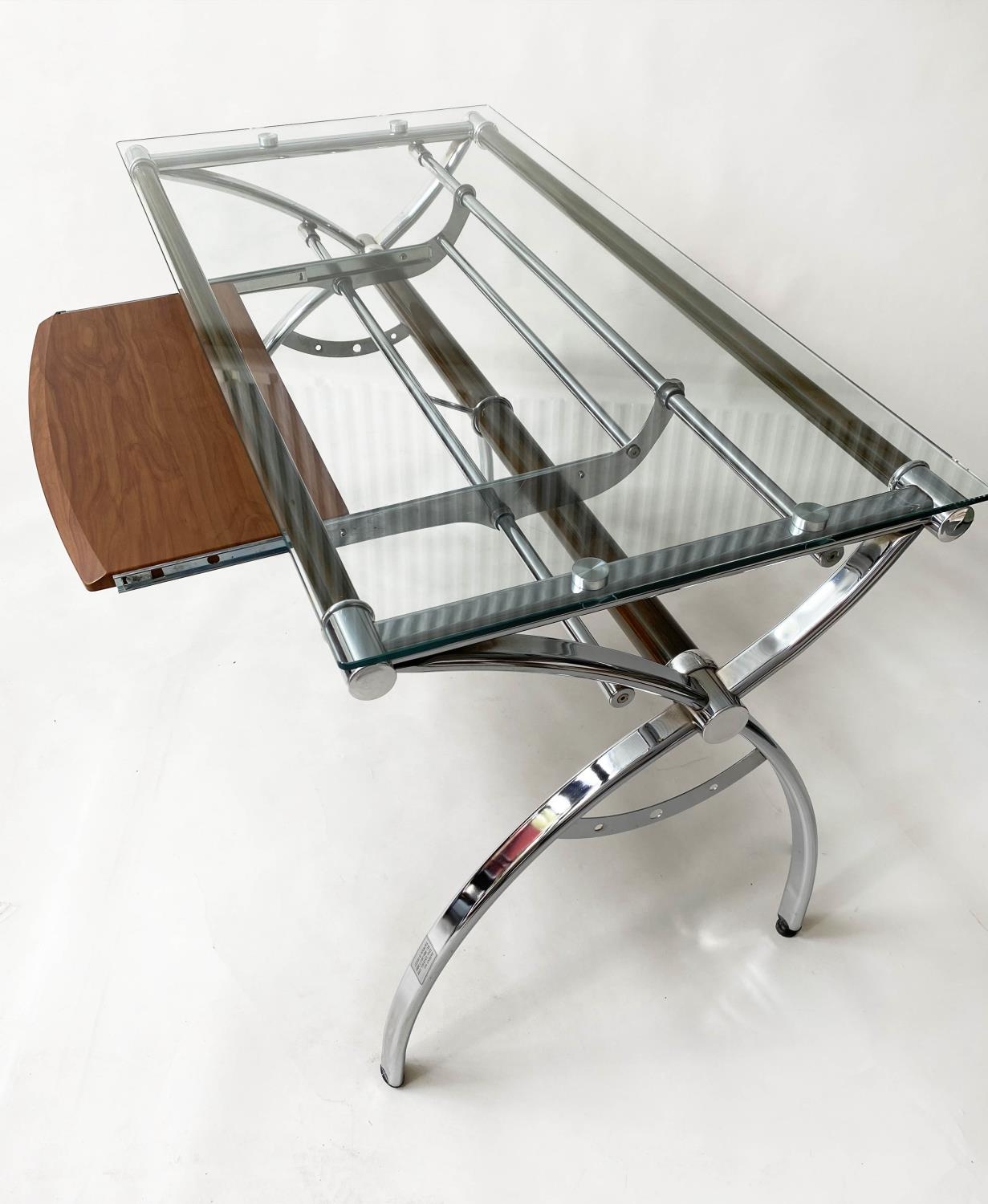 WRITING TABLE DESK, contemporary chromium and frame support with plate glass and pull out teak - Image 4 of 8