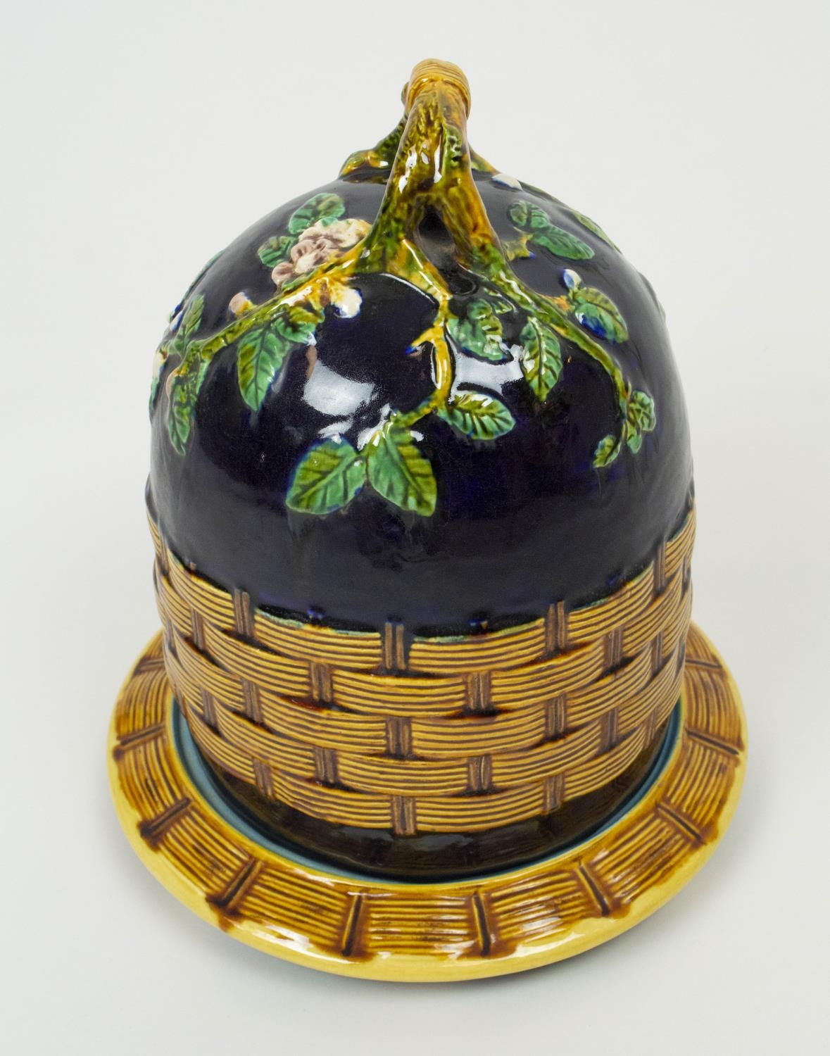 MAJOLICA CHEESE DOME, after George Jones, 30cm H x 26cm W, 'apple blossom pattern', cobalt blue - Image 5 of 8