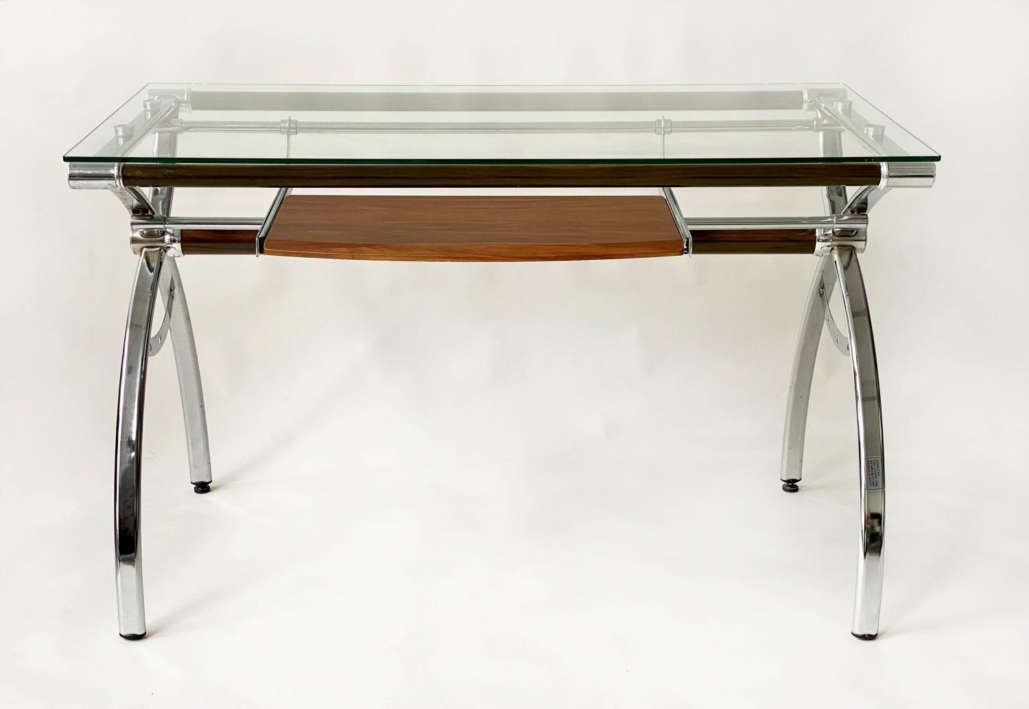 WRITING TABLE DESK, contemporary chromium and frame support with plate glass and pull out teak