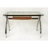 WRITING TABLE DESK, contemporary chromium and frame support with plate glass and pull out teak