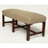 HALL BENCH, George III mahogany, rectangular studded raw linen upholstered with stretched