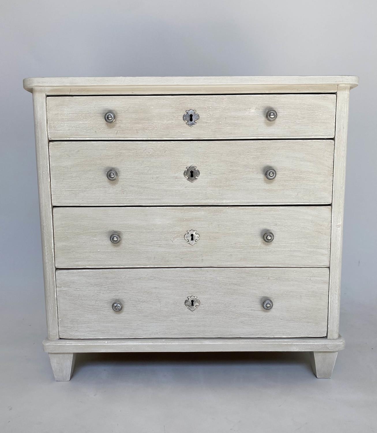 COMMODE, 90cm x 51cm x 85cm H, 19th century Gustavian style, grey painted and silvered metal