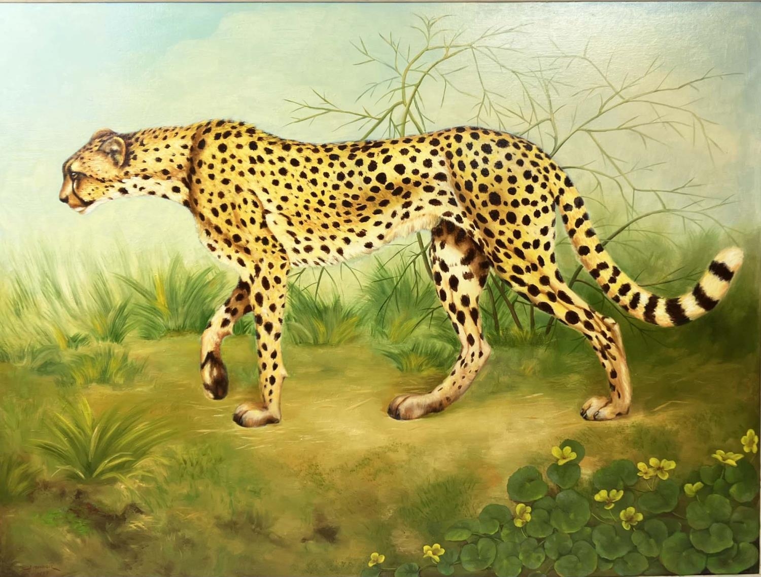 JAIME MANRIQUE-PALACIN (born Burgos Spain 1940) 'Cheetah', oil on canvas 97cm x 127cm, signed and - Image 2 of 3