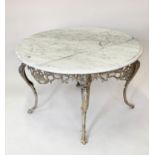 LOW TABLE, veined Carrara marble top, on cast iron silvered metal tracery support, 80cm diam. x 48cm