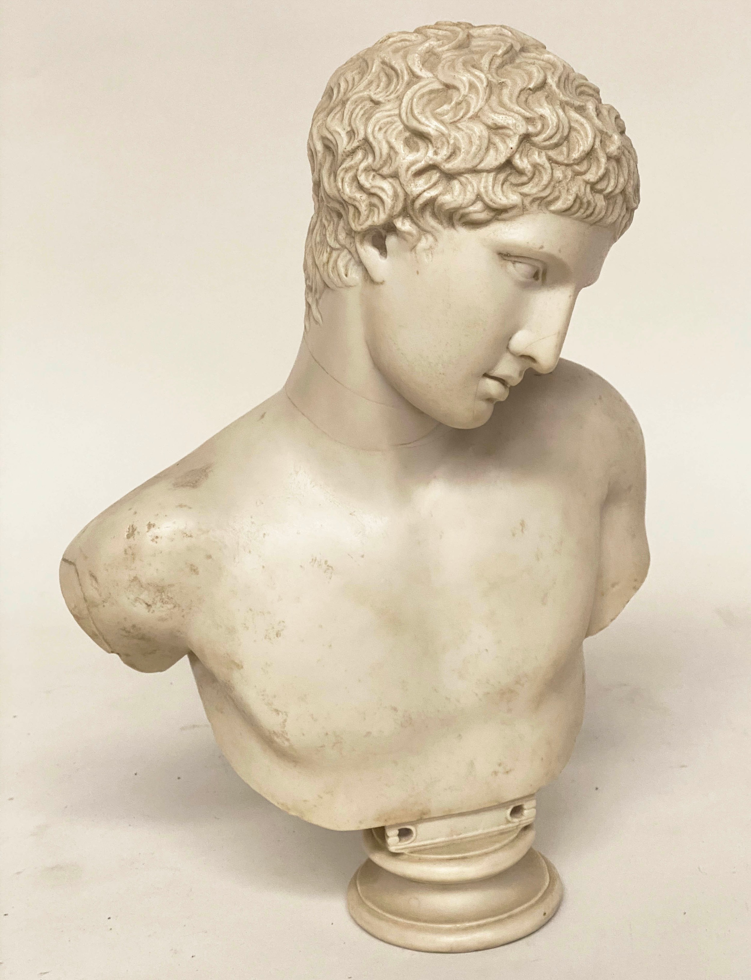 MARBLE BUST, white marble of a young man on circular plinth, 43cm H. - Image 5 of 10
