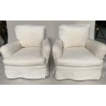 ARMCHAIRS, by Jean Roch, a pair, mid 20th century French with woven white cotton loose covers,