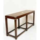 HALL TABLE, Campaign style mahogany and brass banded, rectangular with stretchered supports, 137cm W