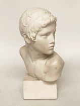 MARBLE BUST, white marble, of a youth on block socle, 45cm H.