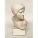 MARBLE BUST, white marble, of a youth on block socle, 45cm H.