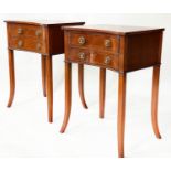 LAMP TABLES, a pair, George III design flame mahogany each concave with two drawers and swept