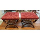 STOOLS, pair, second quarter 19th century rosewood, red upholstered deep buttoned seats, x-framed