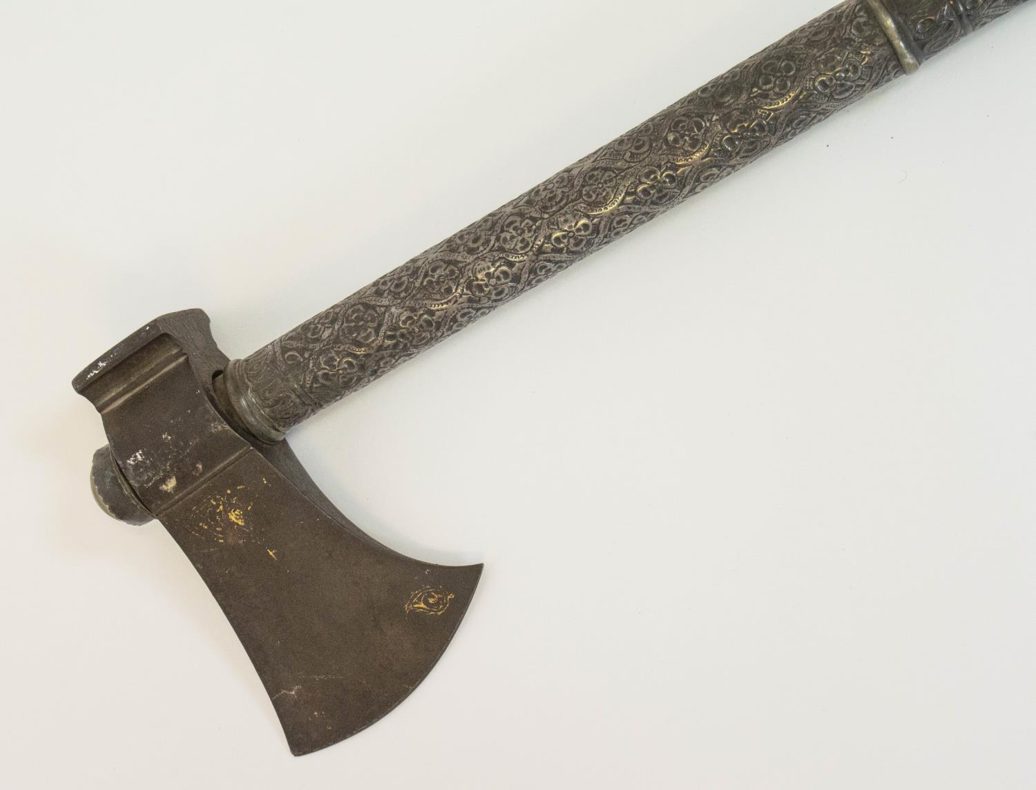 A 'TARBARZIN' PERSIAN SADDLE AXE, 19th century, traces of gilt decoration to blade with rock crystal - Image 4 of 9