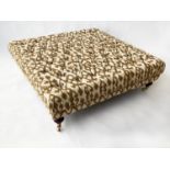 HEARTH/CENTRE STOOL, George Smith style square buttoned two tone taupe, ikat woven silk and turned