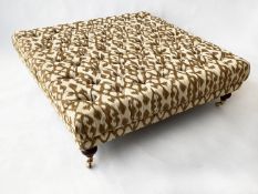 HEARTH/CENTRE STOOL, George Smith style square buttoned two tone taupe, ikat woven silk and turned