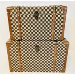 TRUNKS, a graduated set of two, 1920s French style, damier style fabric covered, 42 x 72x 42.