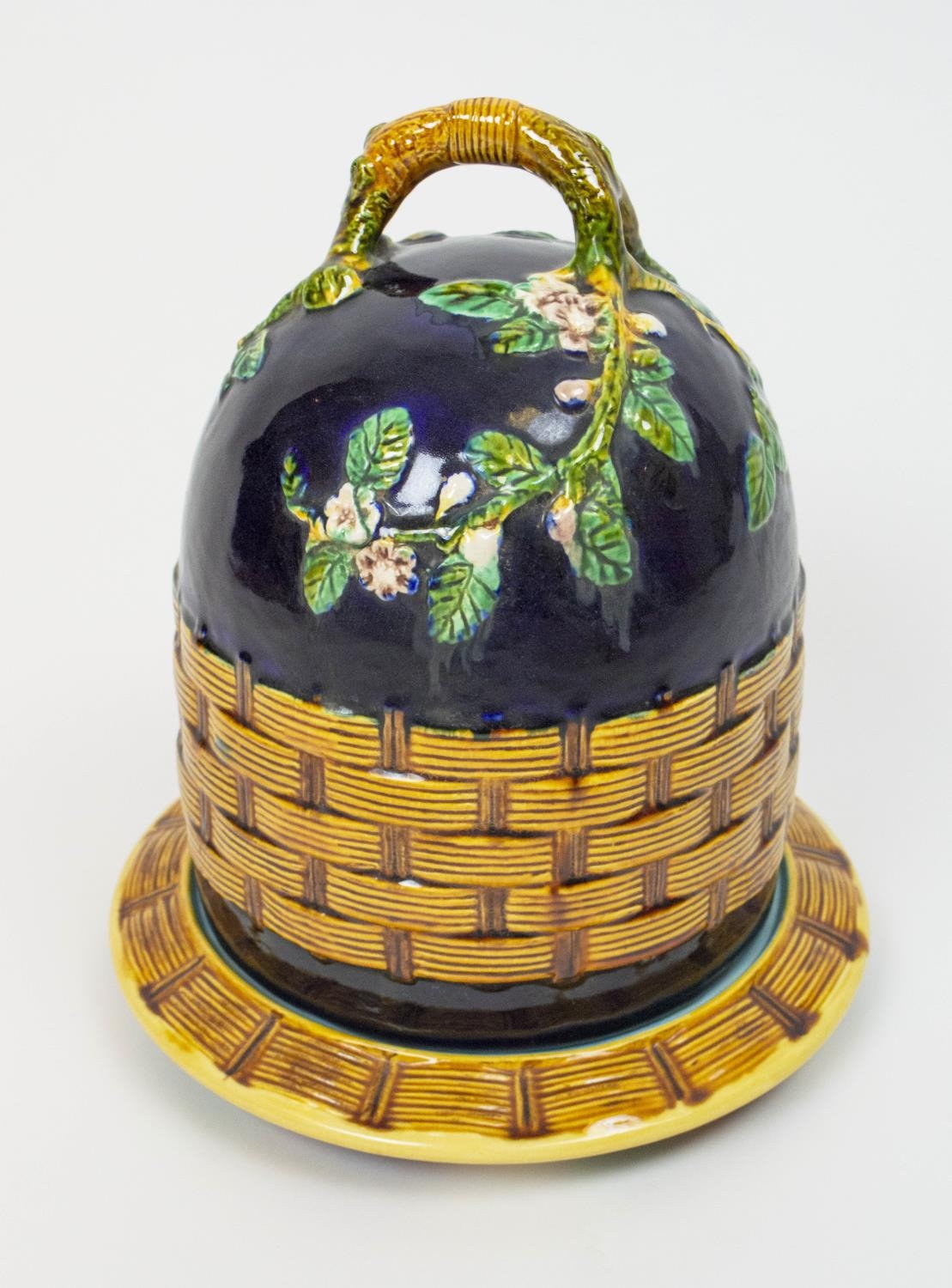 MAJOLICA CHEESE DOME, after George Jones, 30cm H x 26cm W, 'apple blossom pattern', cobalt blue