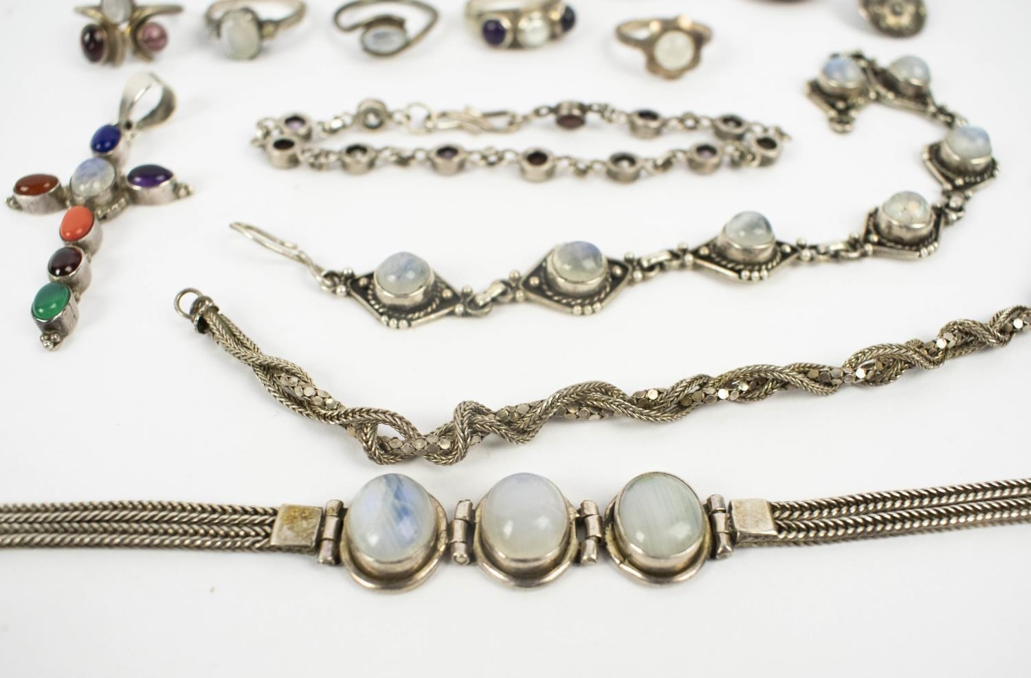 COLLECTION OF SILVER AND PEARL JEWELLERY, comprising a cabouchon set cross pendant with multiple - Image 7 of 20