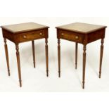 LAMP TABLES, a pair George III design figured walnut and crosbanded each with frieze drawer and