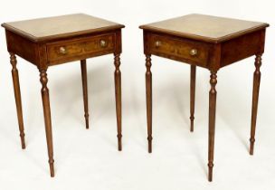 LAMP TABLES, a pair George III design figured walnut and crosbanded each with frieze drawer and