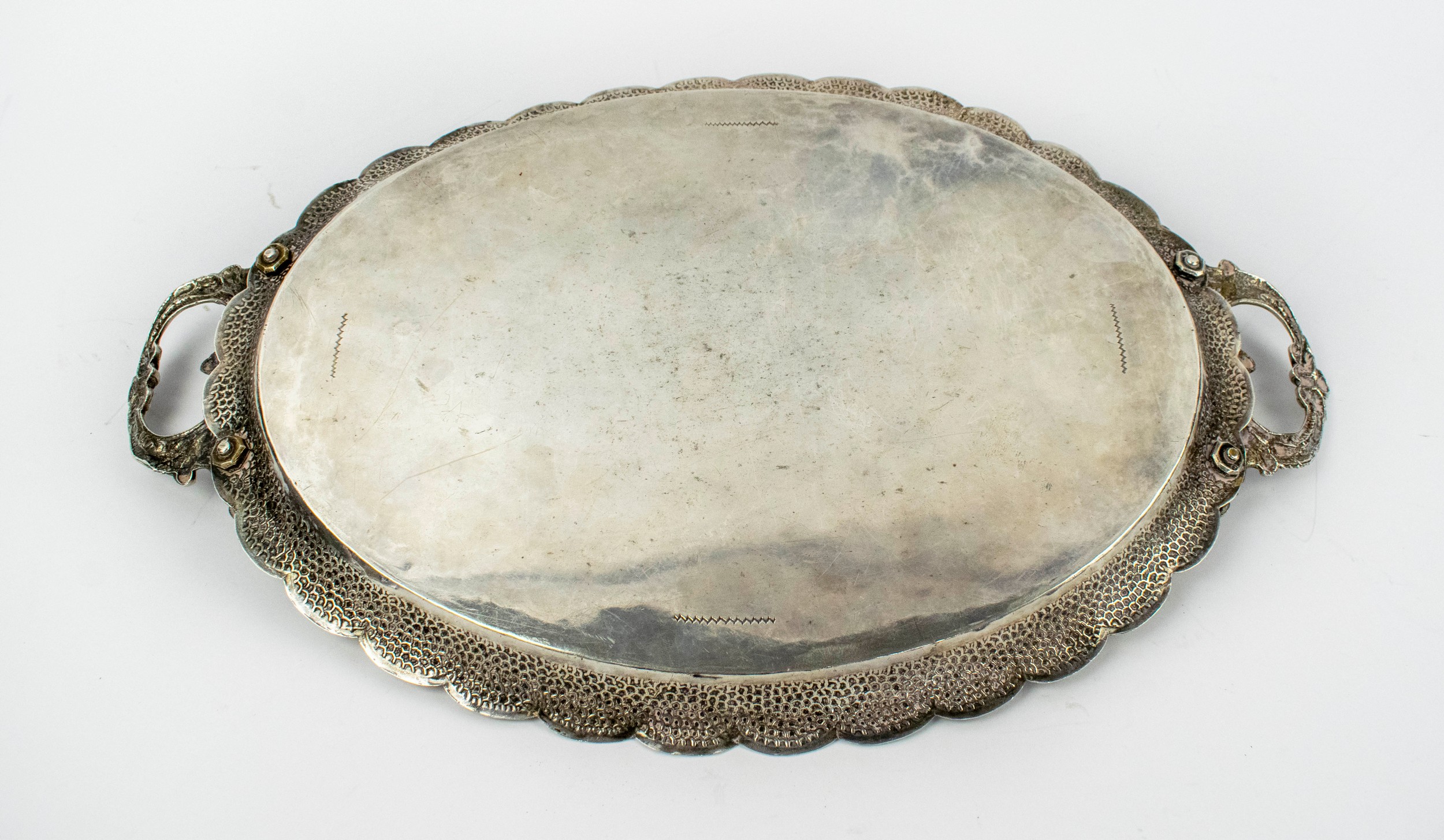 OTTOMAN TURKISH SILVER TRAY, 19th century Tughra mark for Sultan Abdul Hamid II (1876-1909), 50cm - Image 3 of 5