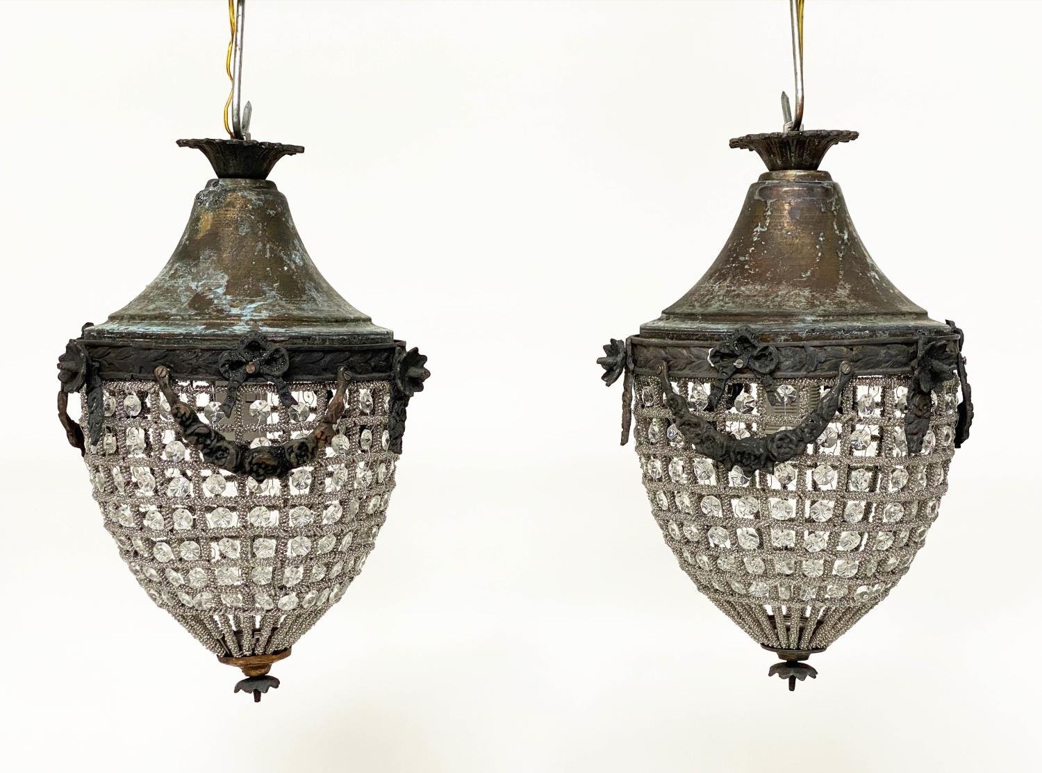 HALL LANTERNS, a pair, crystal and antiqued metal of baguette form, 43cm H x 27cm. (2)