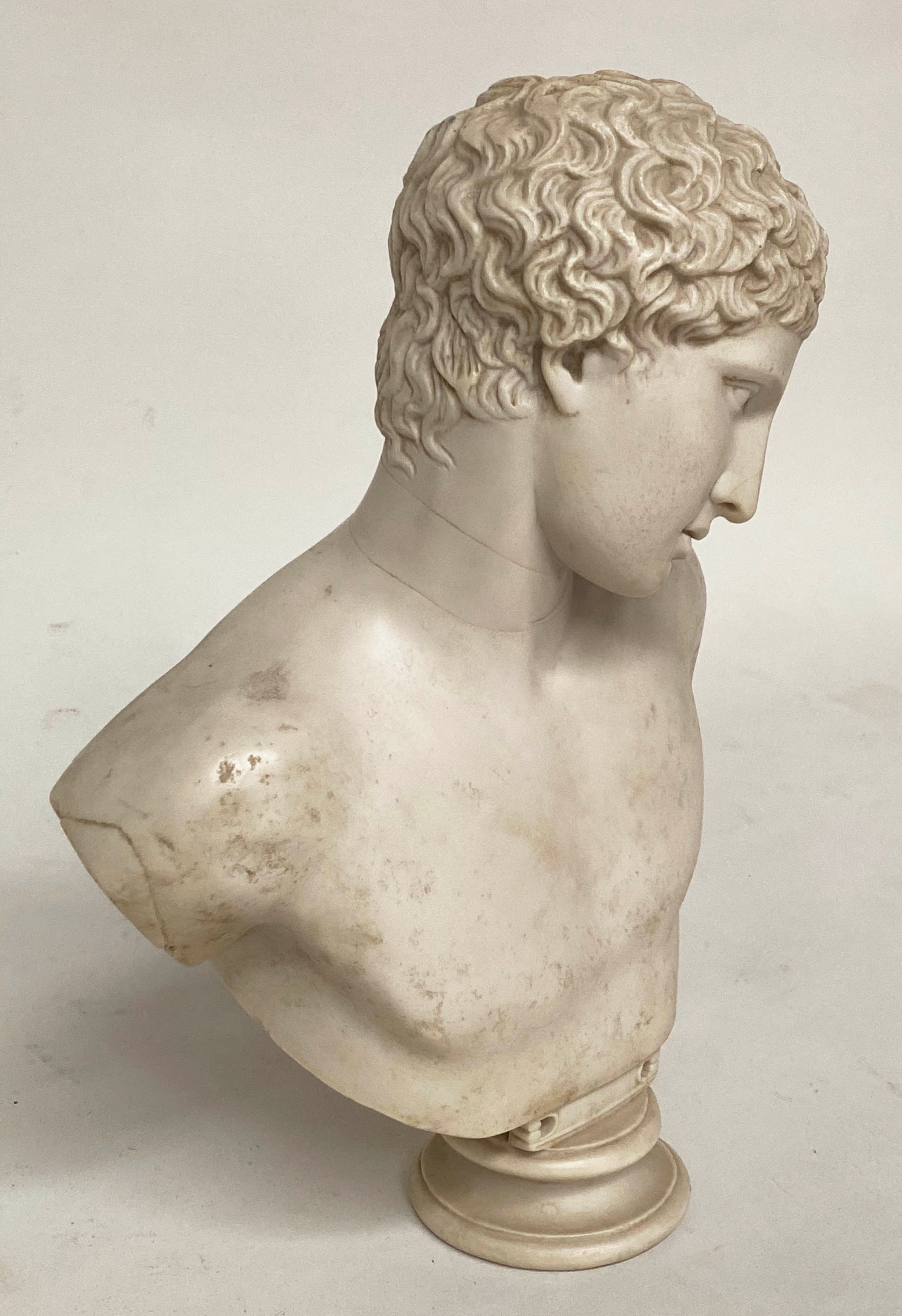 MARBLE BUST, white marble of a young man on circular plinth, 43cm H. - Image 2 of 10