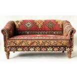 KELIM SOFA, George Smith style, Kelim upholstered with studwork scroll arms, 158cm w.