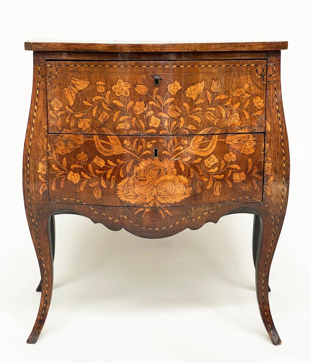 DUTCH COMMODE, 19th century mahogany and satinwood foliate inlaid of bombe form with two drawers,