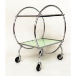 ART DECO TROLLEY, chrome with two glass shelves and castors, 84cm H x 69cm x 49cm.