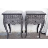 BEDSIDE TABLES, a pair, 51cm W x 79.5cm H x 30cm D each silvered with repousse decoration and two