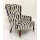 ARMCHAIR, 19th century style mahogany with deep button Regency stripe cut velvet upholstery and