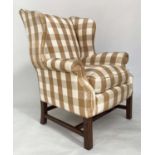 WING ARMCHAIR BY PETER DUDGEON, George III design mahogany with silk taupe check upholstery and