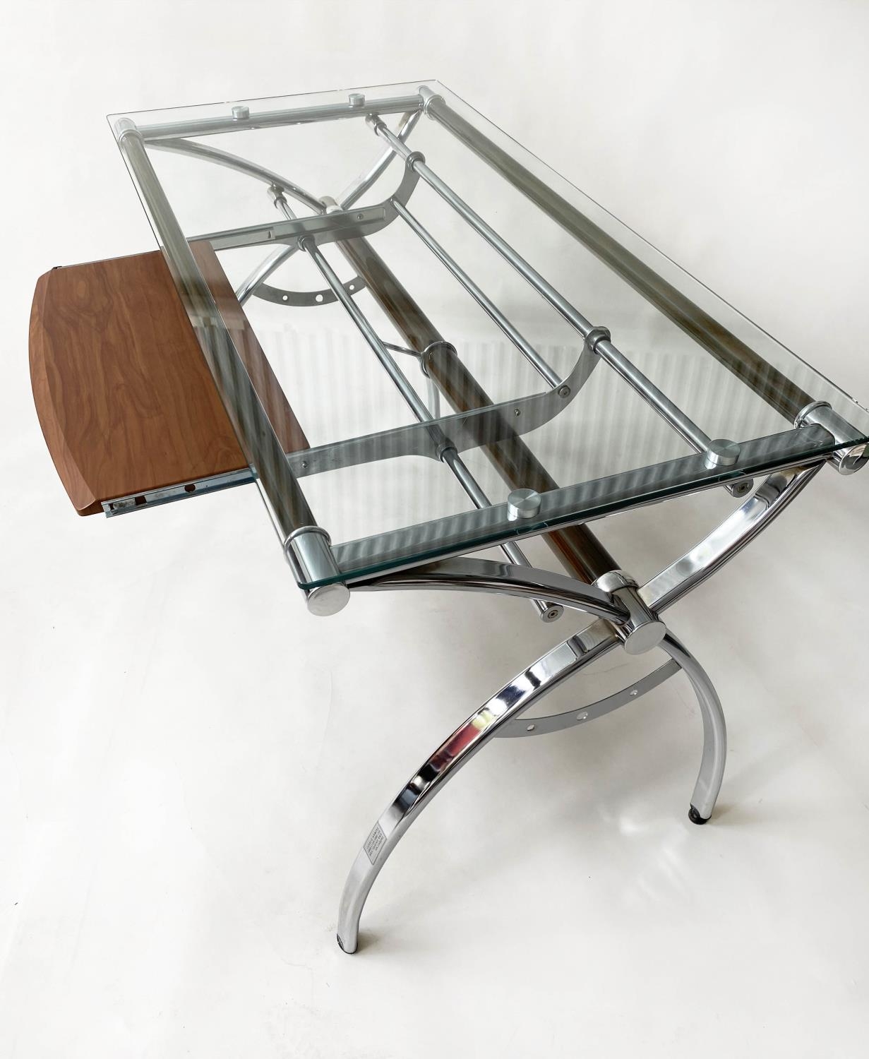 WRITING TABLE DESK, contemporary chromium and frame support with plate glass and pull out teak - Image 5 of 8