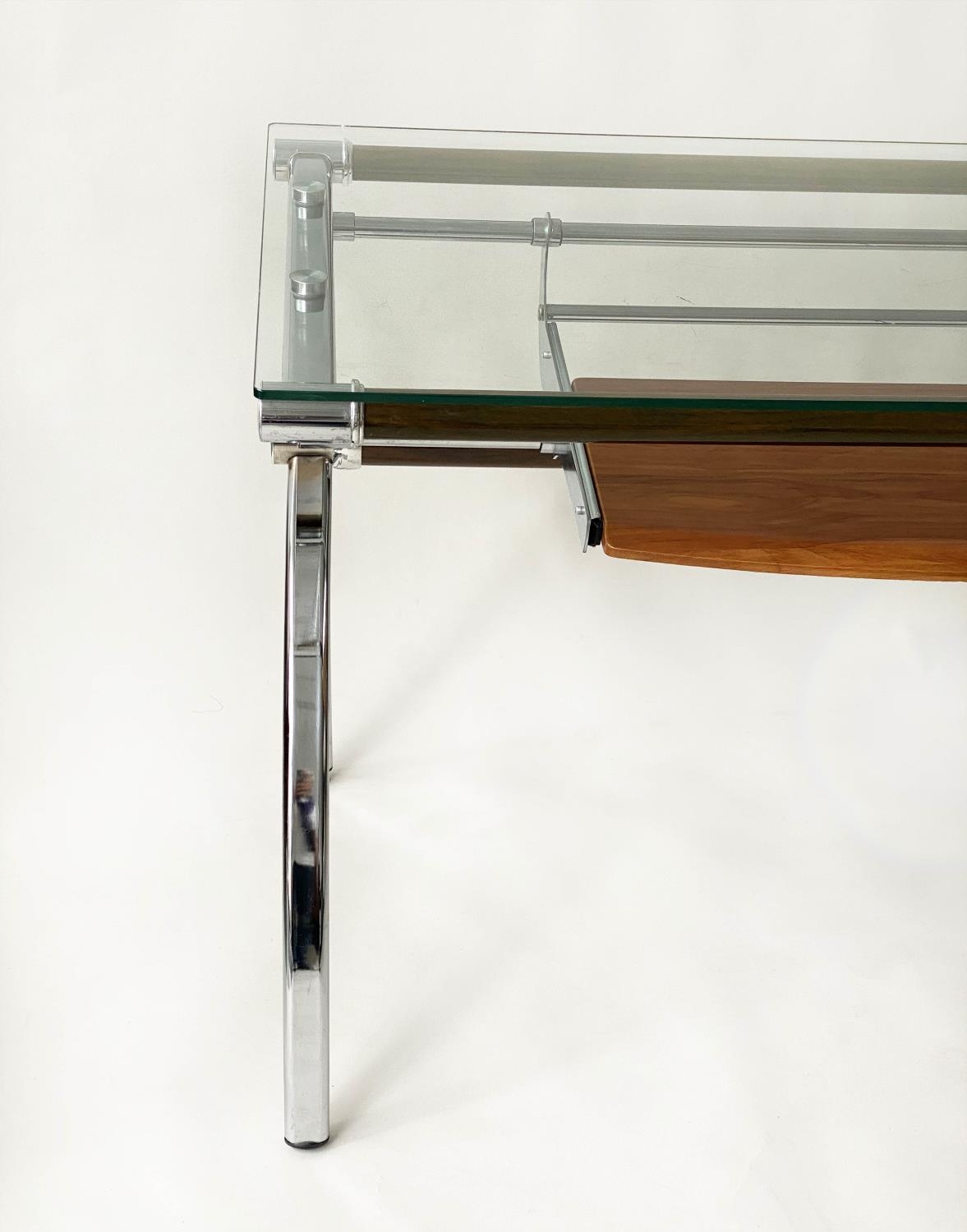 WRITING TABLE DESK, contemporary chromium and frame support with plate glass and pull out teak - Image 7 of 8