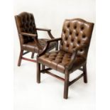 GAINSBOROUGH ARMCHAIRS, a pair, George III design mahogany and buttoned mid tan leather