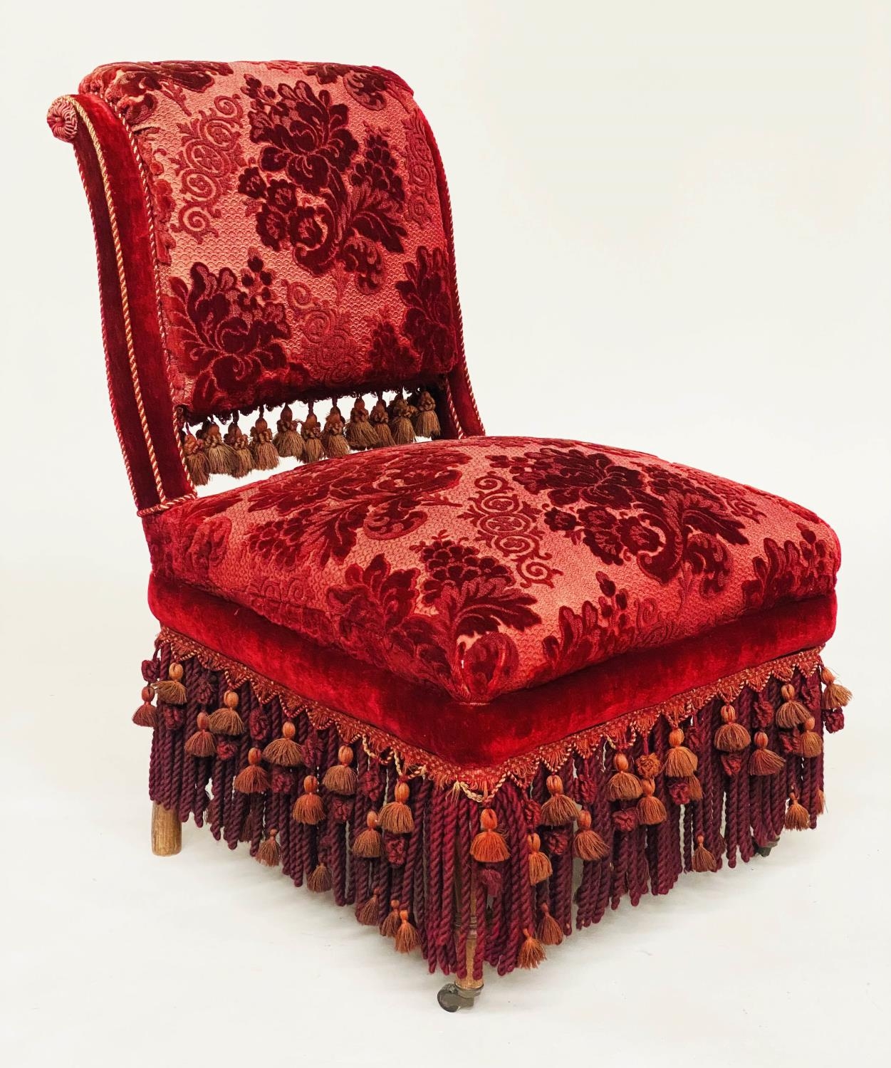VICTORIAN PARLOUR CHAIR, retaining original, almost as new, crimson brocade and rope and tassle