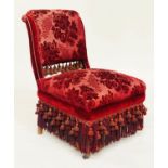 VICTORIAN PARLOUR CHAIR, retaining original, almost as new, crimson brocade and rope and tassle