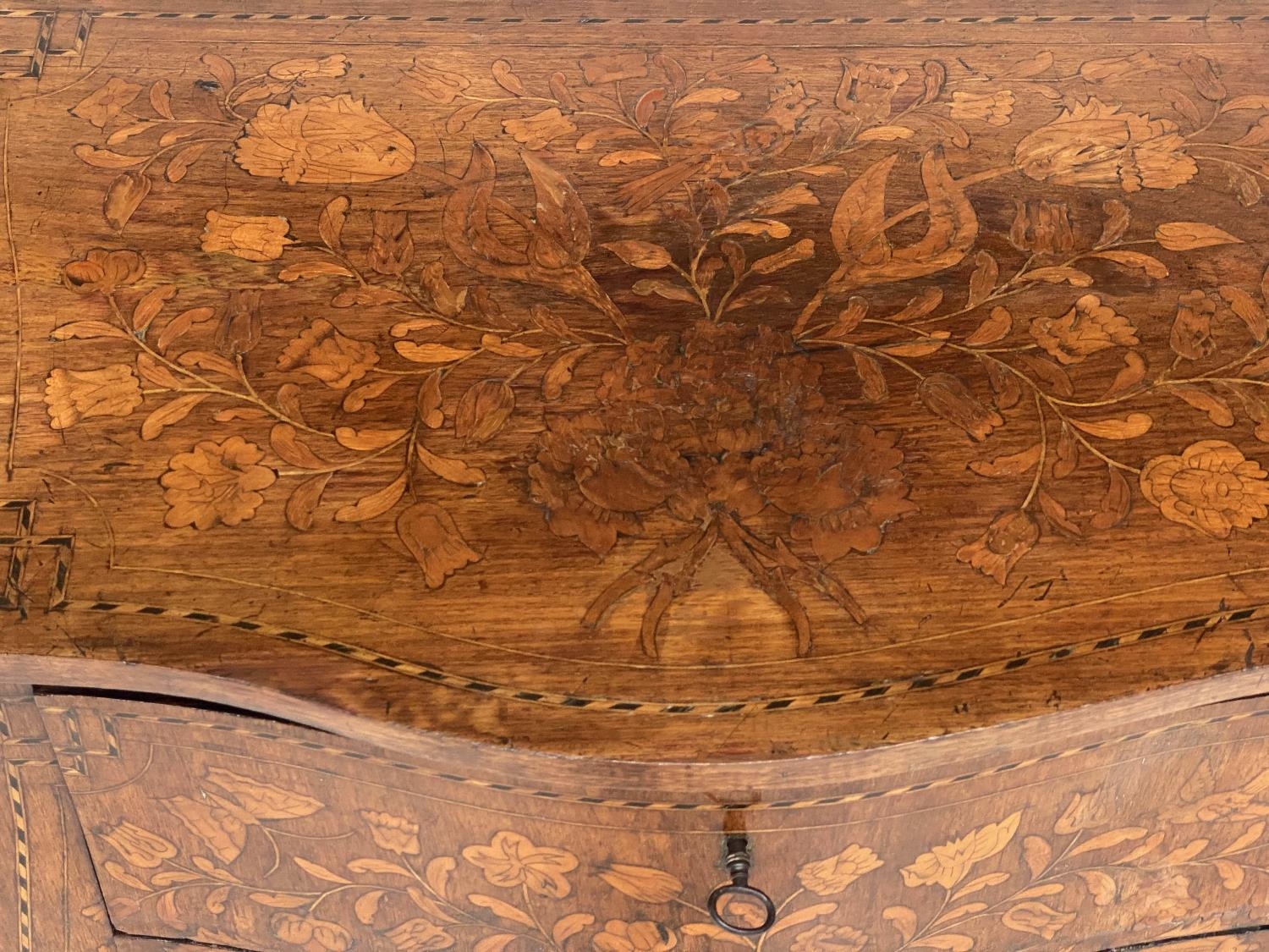 DUTCH COMMODE, 19th century mahogany and satinwood foliate inlaid of bombe form with two drawers, - Bild 3 aus 3