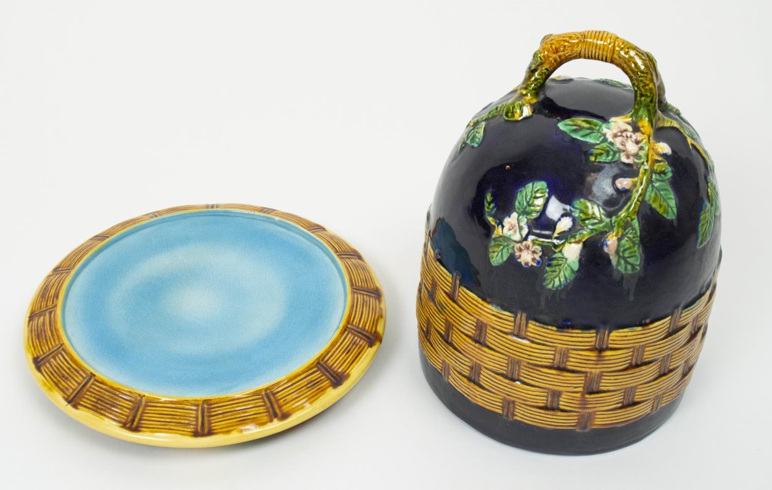 MAJOLICA CHEESE DOME, after George Jones, 30cm H x 26cm W, 'apple blossom pattern', cobalt blue - Image 2 of 8