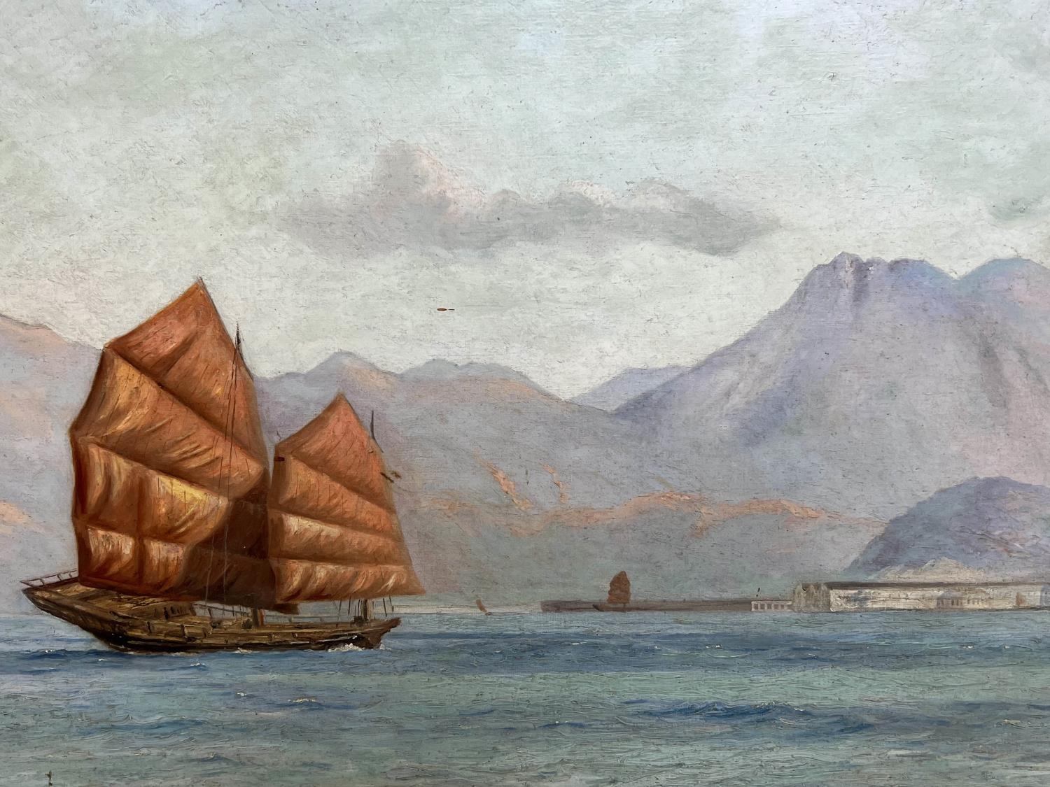 WILLIAM CUSHING LORING (American 1879-1959), 'Junk off Hong Kong', oil on canvas, 100cm x 50cm, - Image 3 of 4