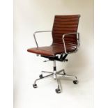 REVOLVING DESK CHAIR, Charles and Ray Eames inspired ribbed mid tan brown leather revolving and