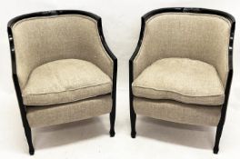 TUB CHAIRS, a pair, Swedish Art Deco, ebonised frames with linen upholstery, 80cm H x 61cm W. (2)